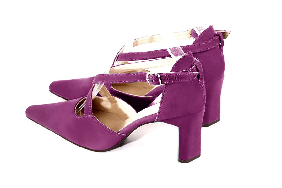 Women's mulberry purple elegant closed-back heels, with crossed straps. Tapered toe. High comma heels - Rear view